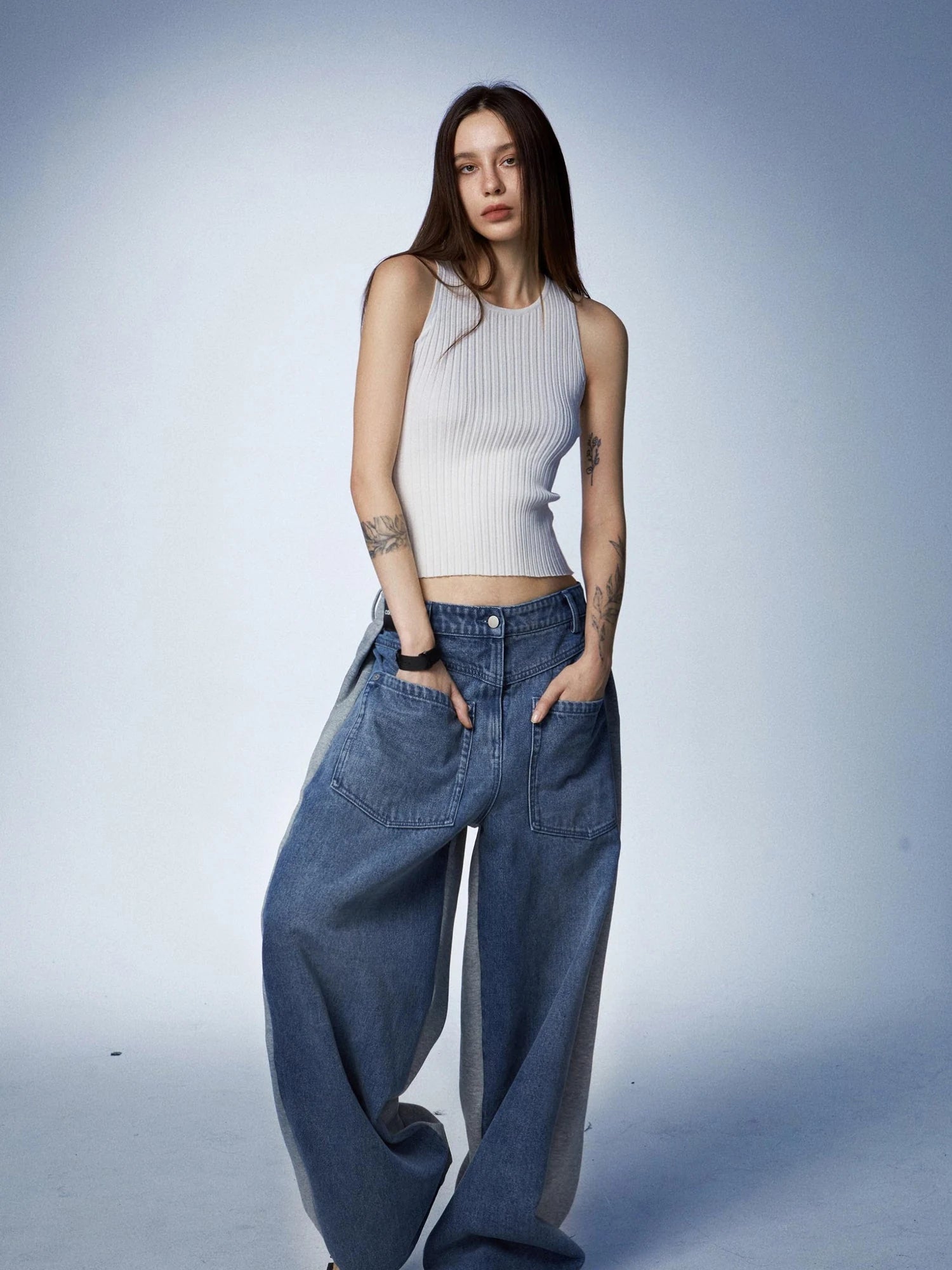 Washed Denim Patchwork Jogger Pants In Blue And Grey