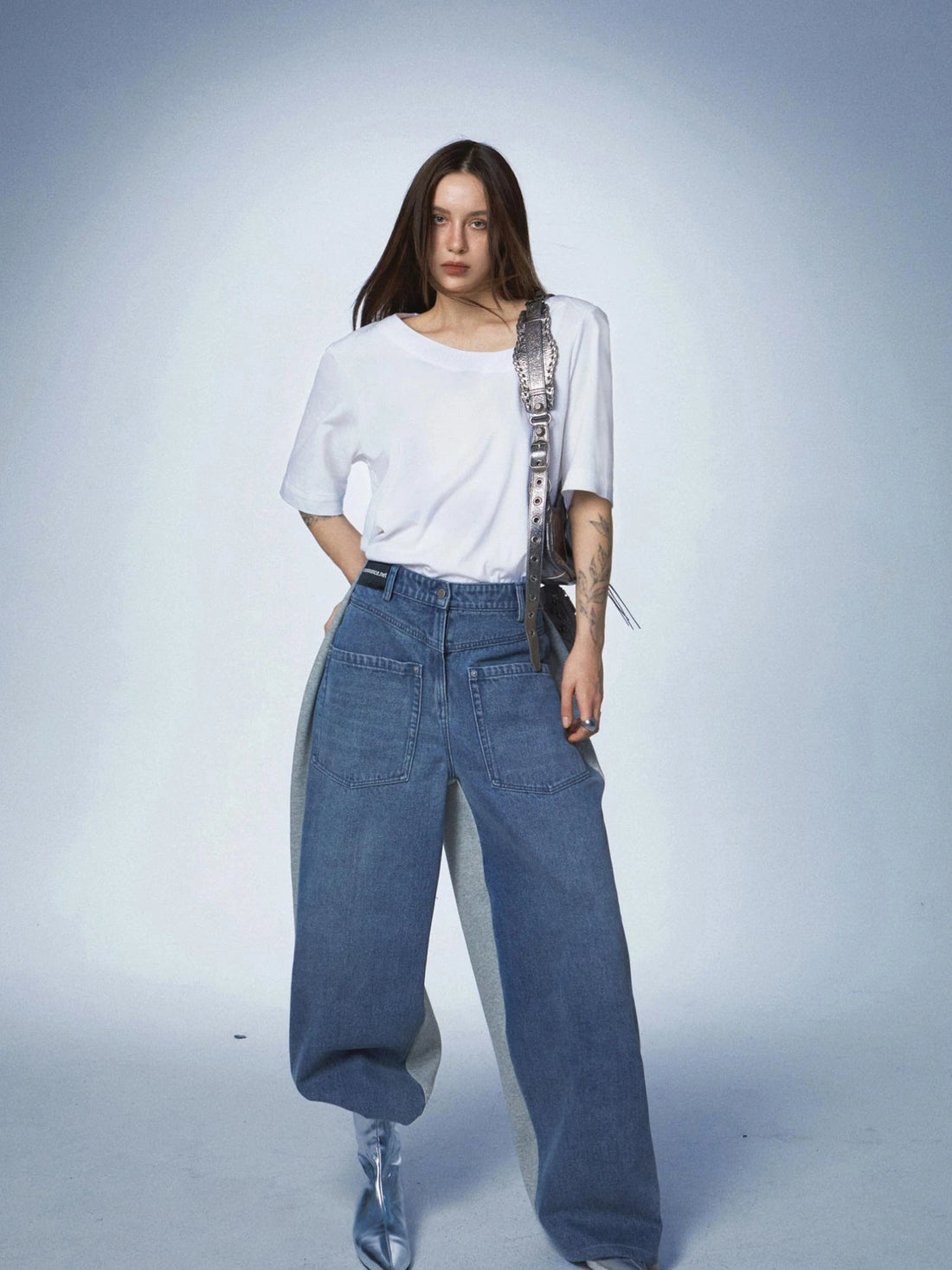 Washed Denim Patchwork Jogger Pants In Blue And Grey