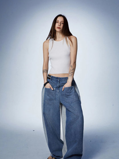 Washed Denim Patchwork Jogger Pants In Blue And Grey