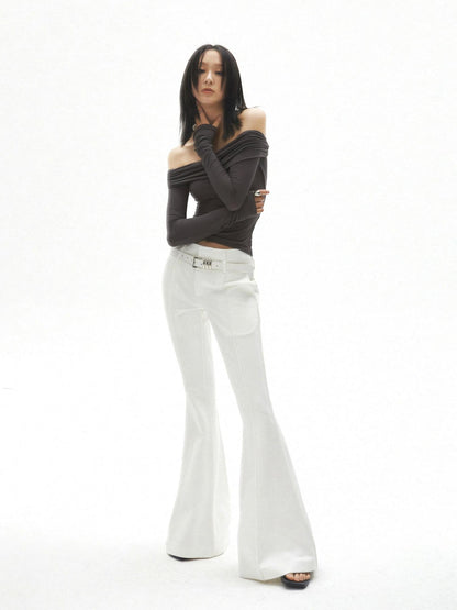 commonce.net White Flared Split Waistband Floor Length Knit Bell Bottom Pants