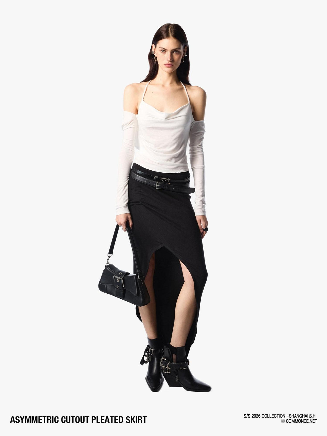 commonce net Asymmetric Cutout Pleated High Slit Women&
