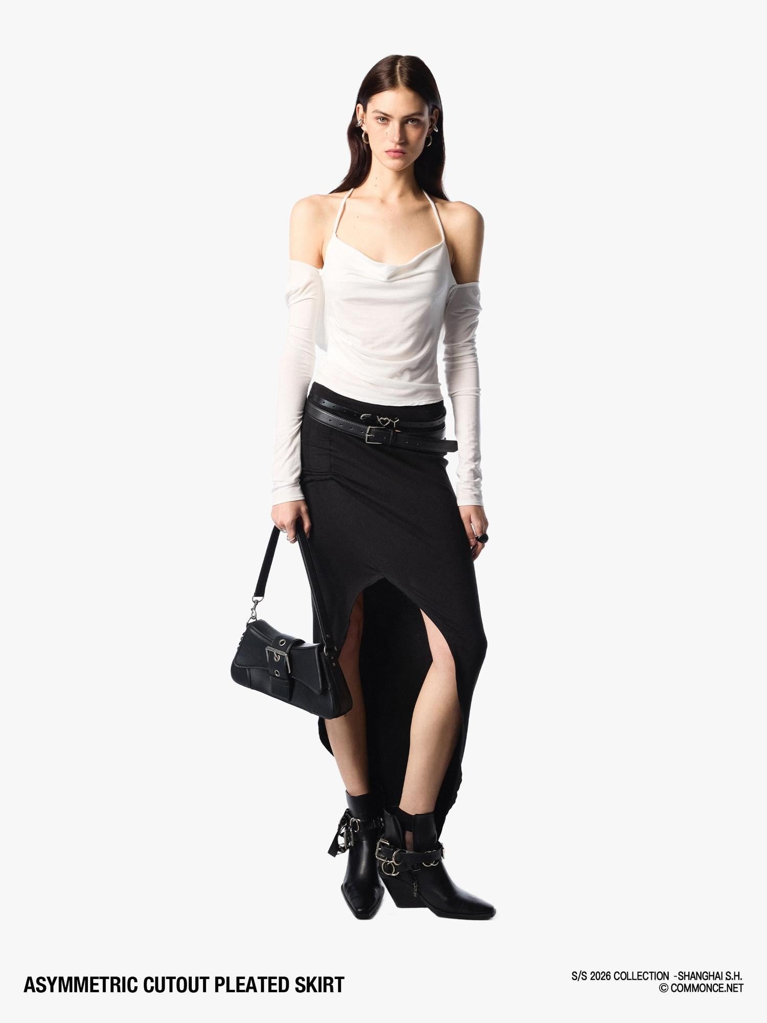 commonce net Asymmetric Cutout Pleated High Slit Women&