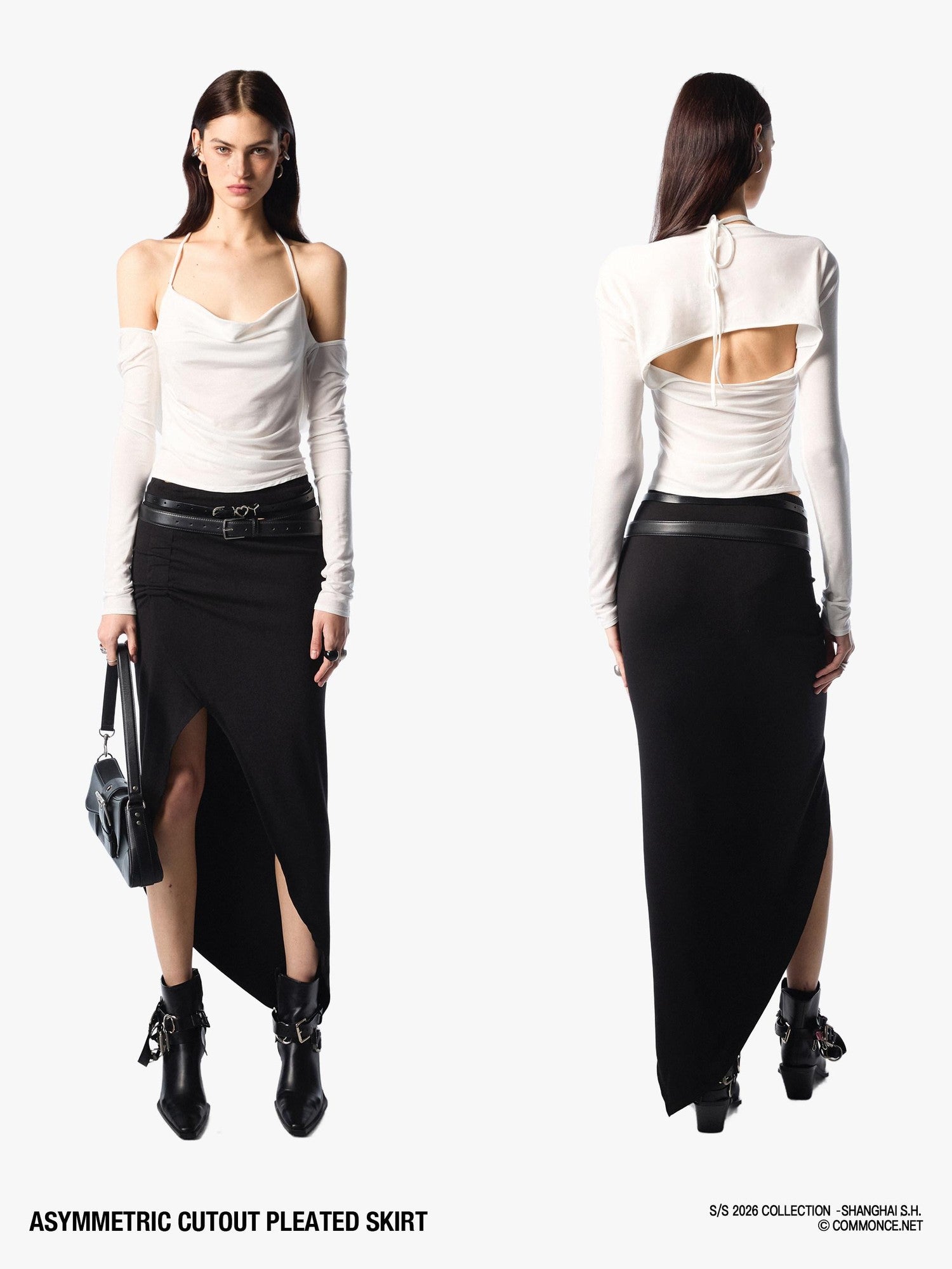 commonce net Asymmetric Cutout Pleated High Slit Women&