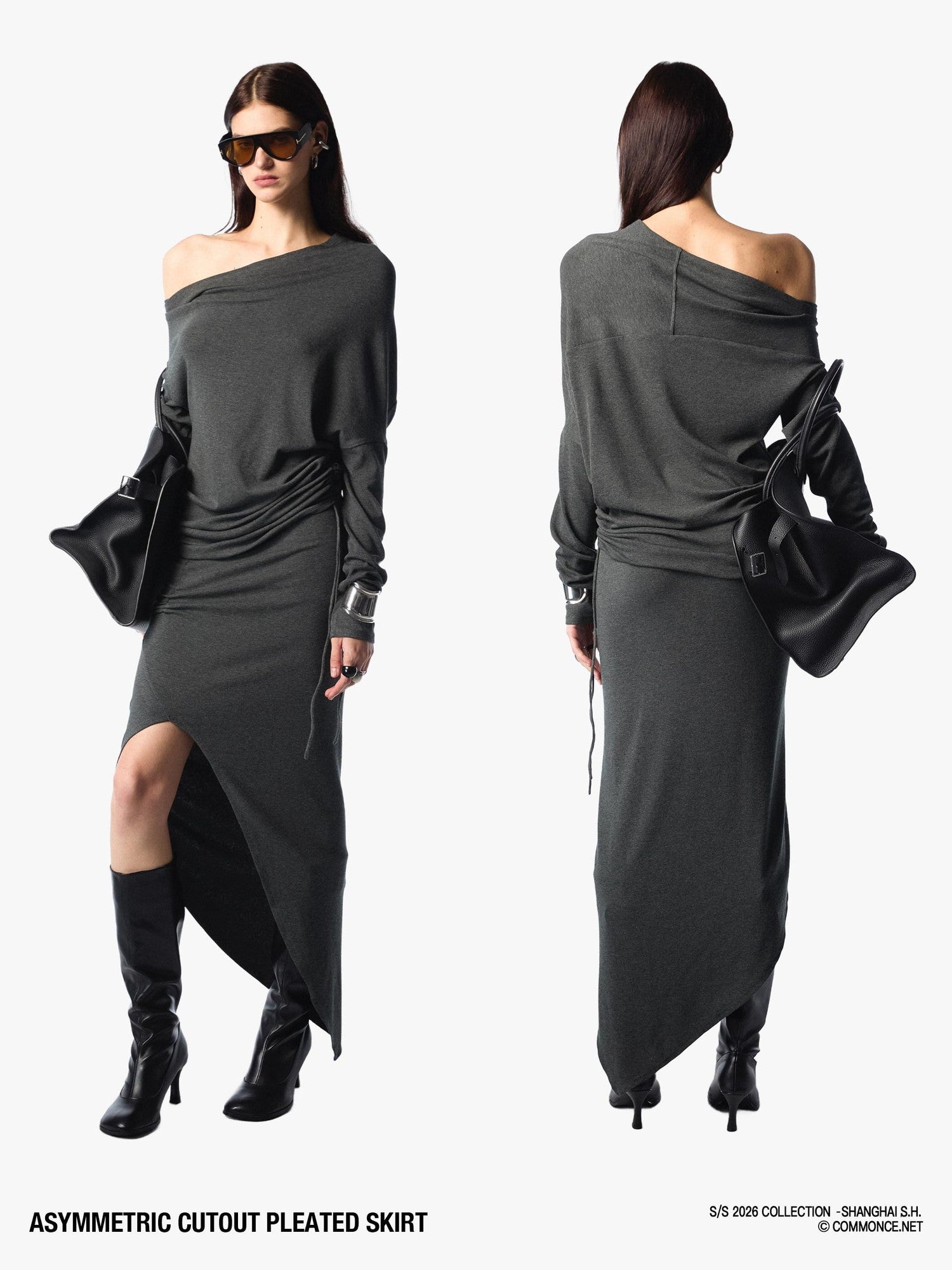 commonce net Asymmetric Cutout Pleated High Slit Women&
