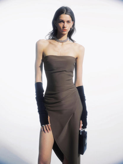 commonce net Asymmetric Gathered Side Slit Strapless Gown