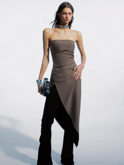 commonce net Asymmetric Gathered Side Slit Strapless Gown