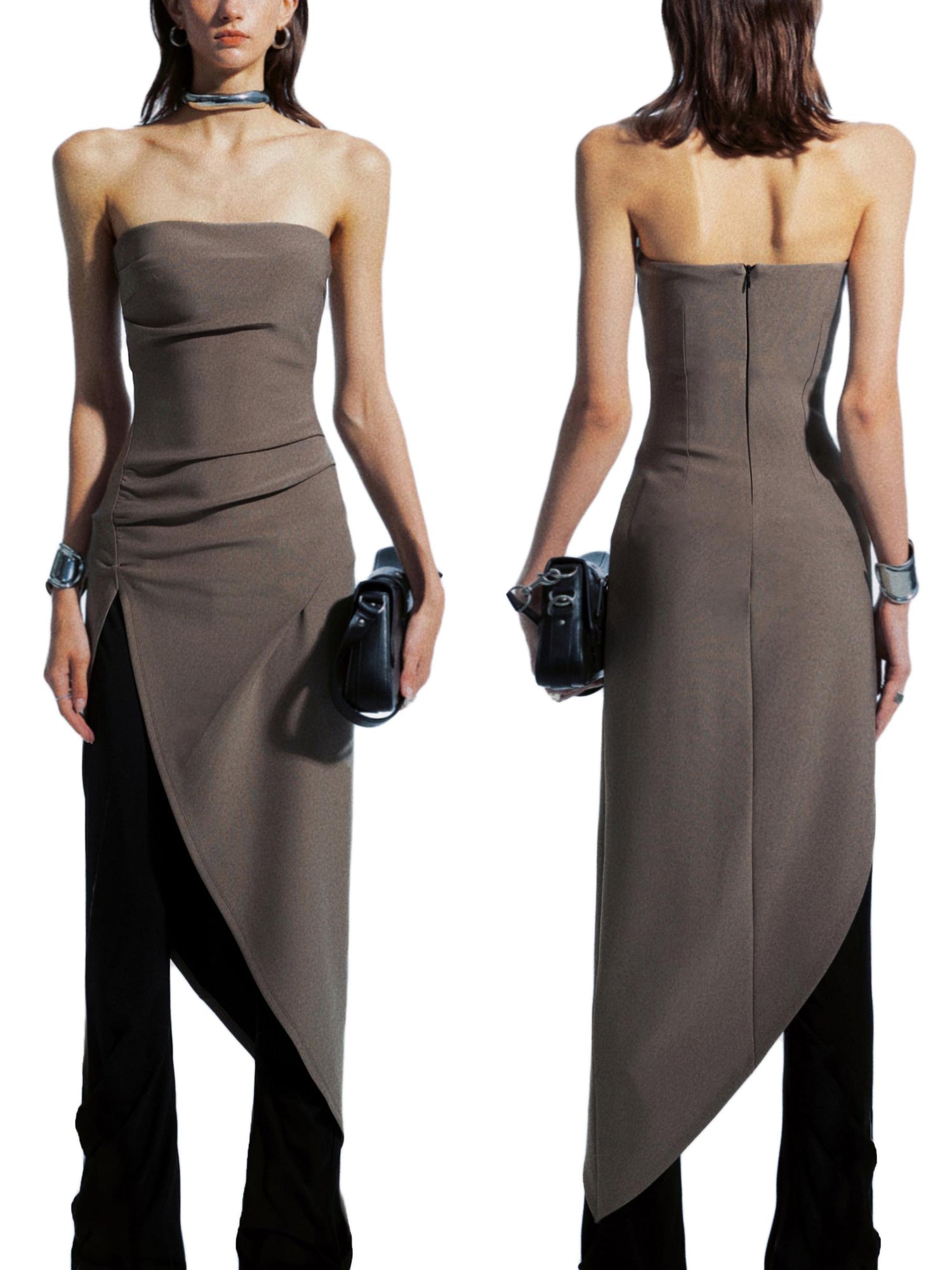 commonce net Asymmetric Gathered Side Slit Strapless Gown