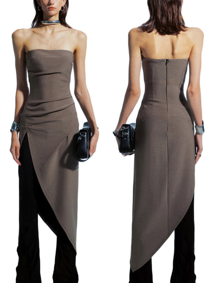 commonce net Asymmetric Gathered Side Slit Strapless Gown