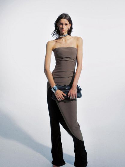 commonce net Asymmetric Gathered Side Slit Strapless Gown