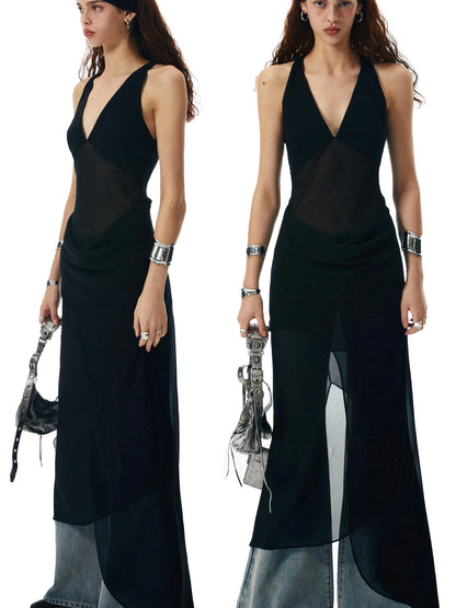 Asymmetrical Draped Halter Backless Maxi Dress