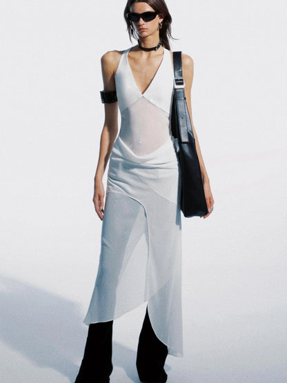 Asymmetrical Draped Halter Backless Maxi Dress