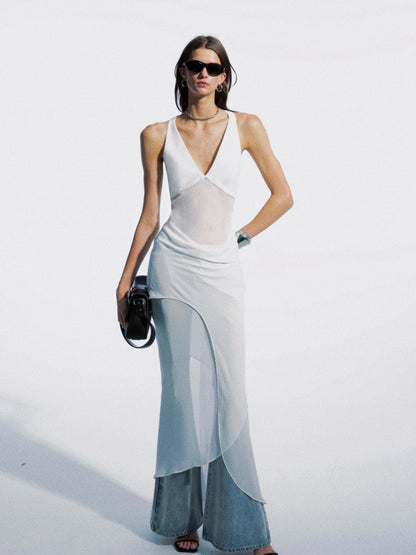 Asymmetrical Draped Halter Backless Maxi Dress