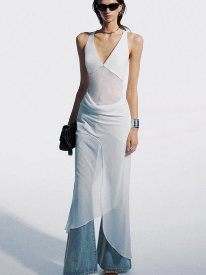 Asymmetrical Draped Halter Backless Maxi Dress