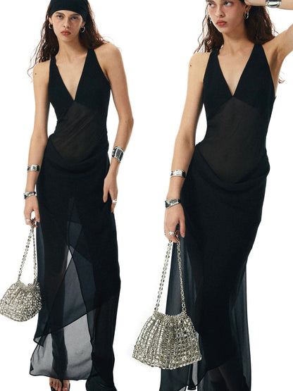 commonce net Asymmetrical Draped Halter Backless Maxi Dress