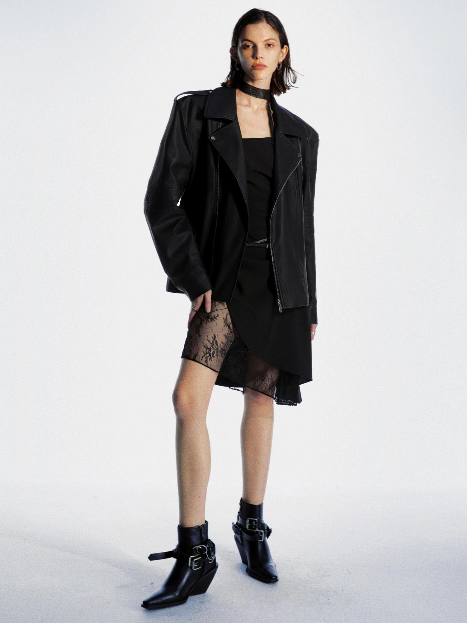 Asymmetrical Lace Ruching Dress V-neck T-shirt Long Sleeve