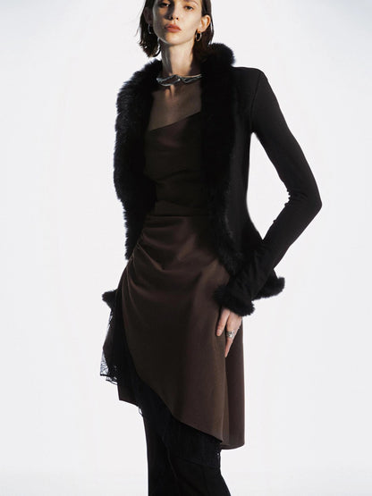 Asymmetrical Lace Ruching Dress V-neck T-shirt Long Sleeve