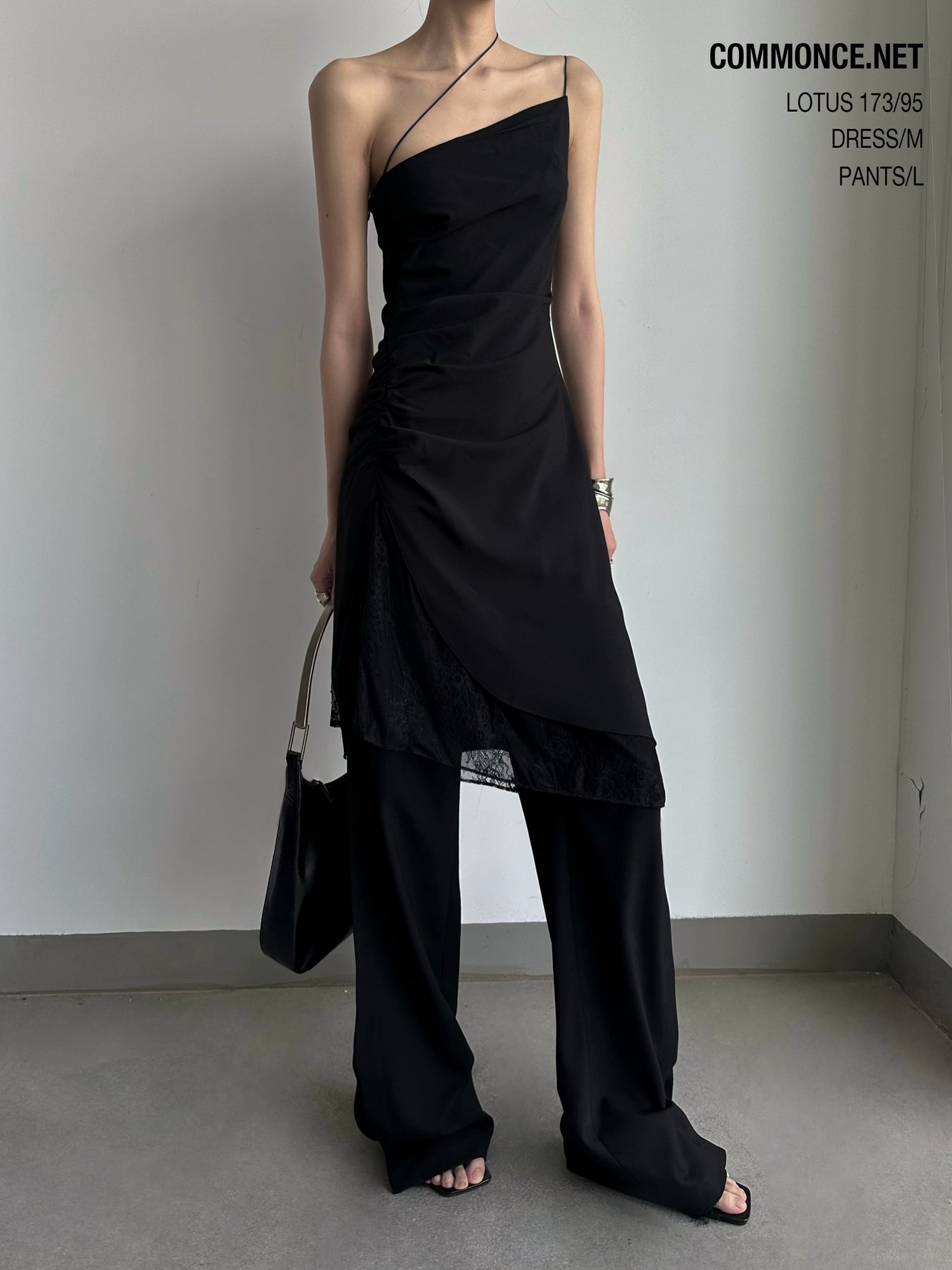 commonce_net_Asymmetrical_Lace_Ruching_Dress_V-neck_T-shirt_Long_Sleeve_MISSTT