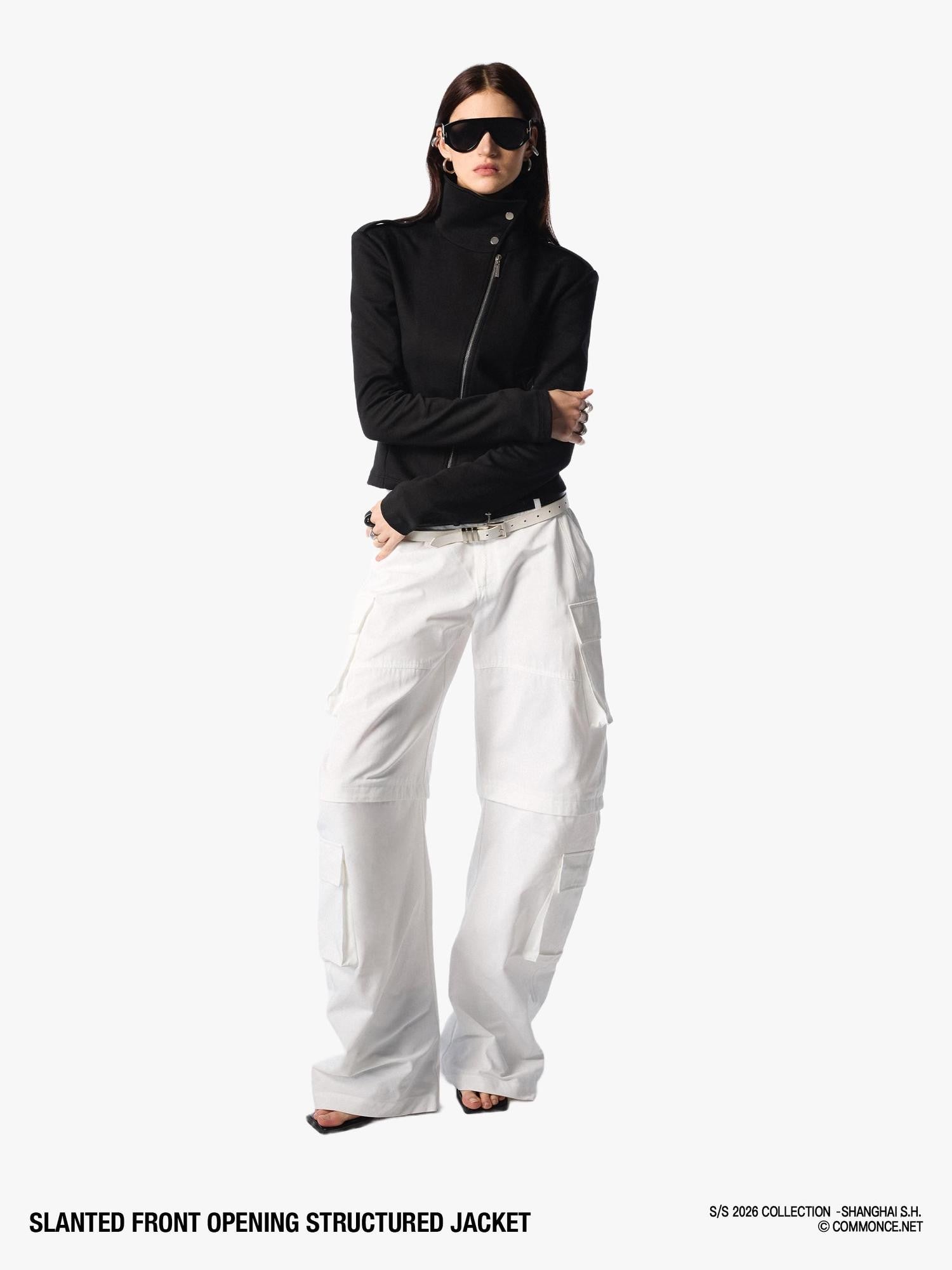 commonce net Black Asymmetric Zip Stand Collar Waist Cinch Women&