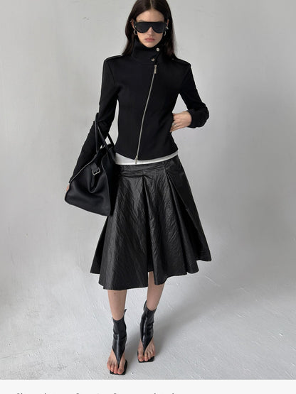 commonce net Black Asymmetric Zip Stand Collar Waist Cinch Women&