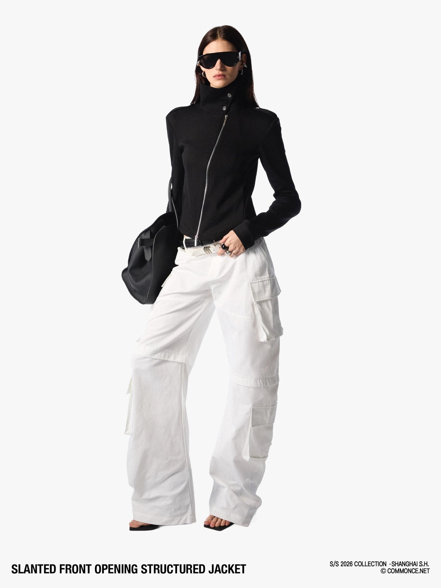 commonce net Black Asymmetric Zip Stand Collar Waist Cinch Women&