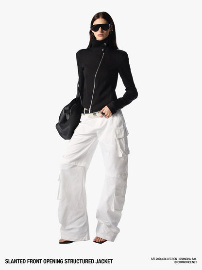commonce net Black Asymmetric Zip Stand Collar Waist Cinch Women&