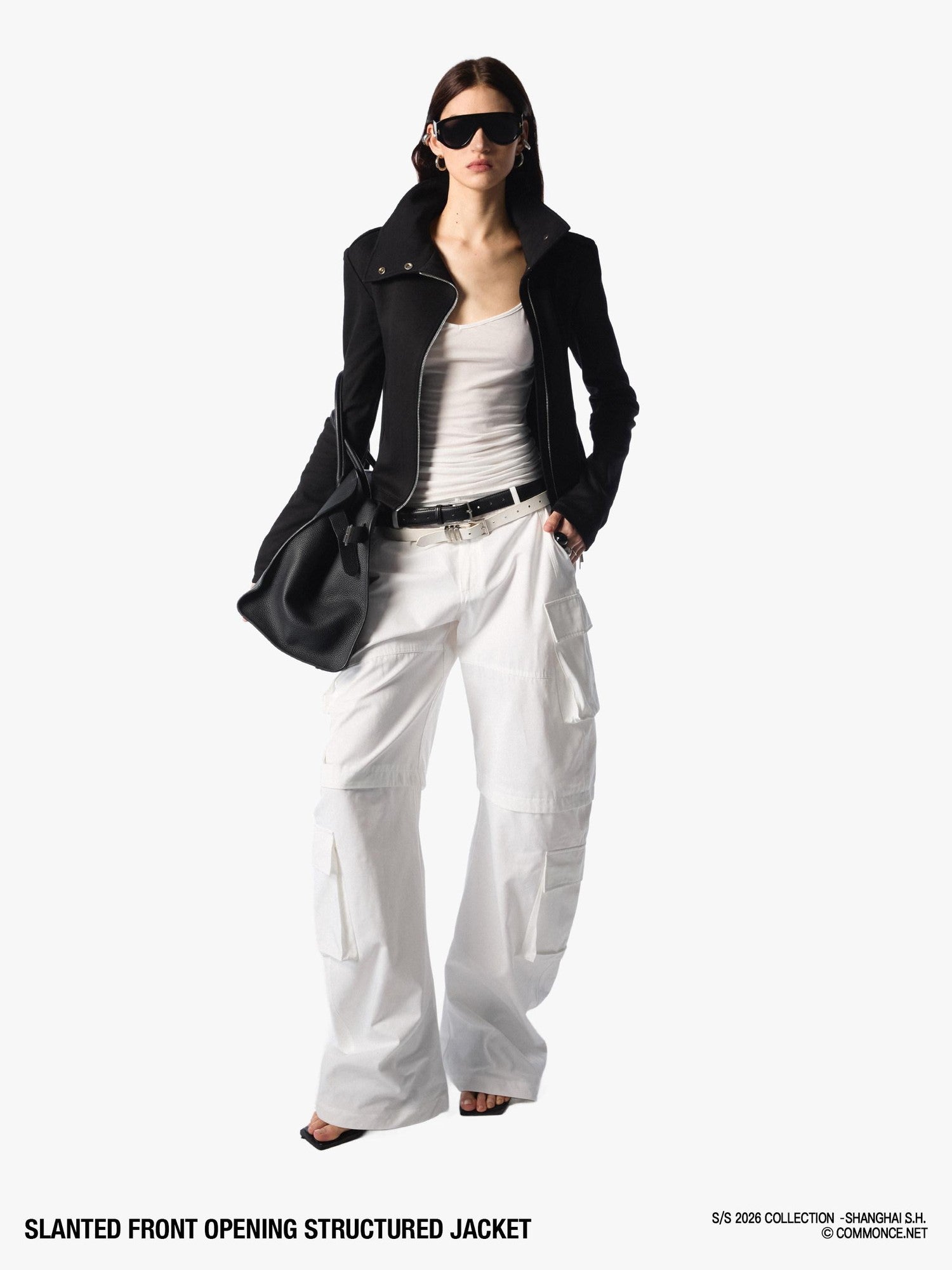 commonce net Black Asymmetric Zip Stand Collar Waist Cinch Women&
