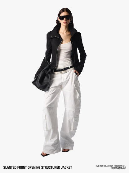 commonce net Black Asymmetric Zip Stand Collar Waist Cinch Women&