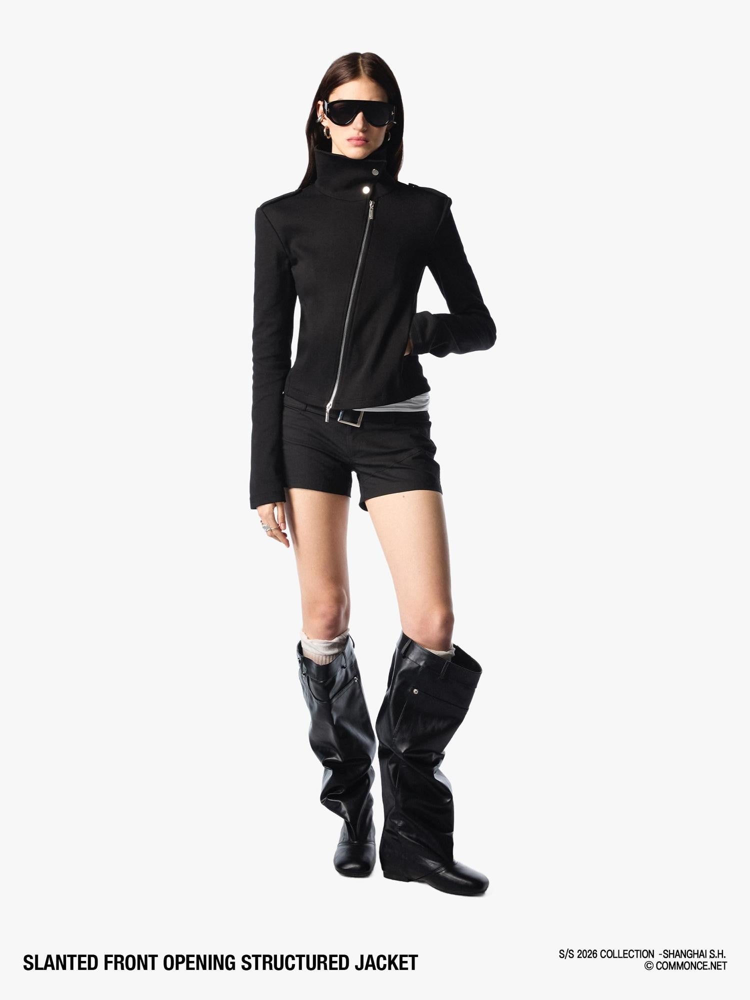 commonce net Black Asymmetric Zip Stand Collar Waist Cinch Women&