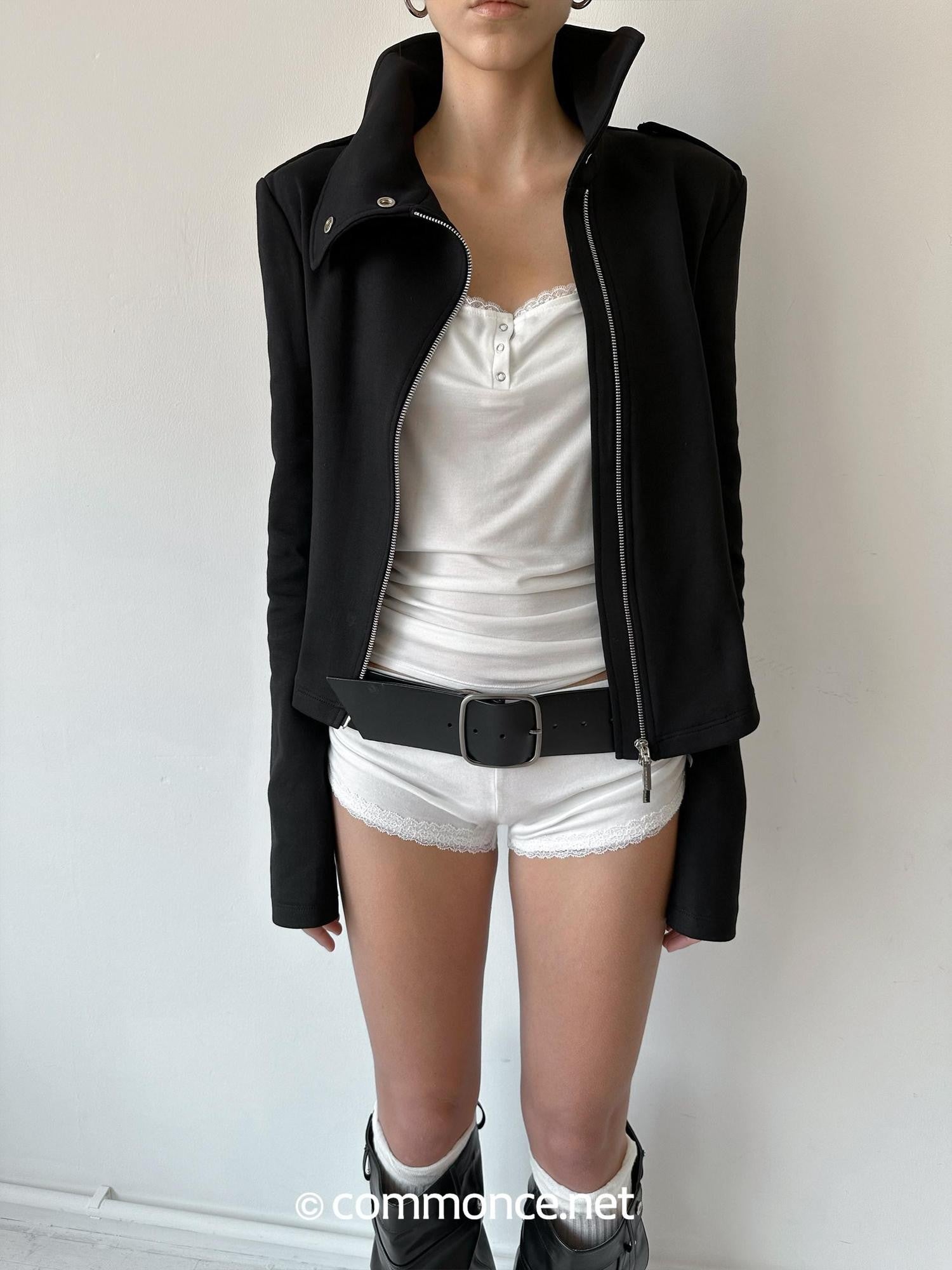 commonce net Black Asymmetric Zip Stand Collar Waist Cinch Women&
