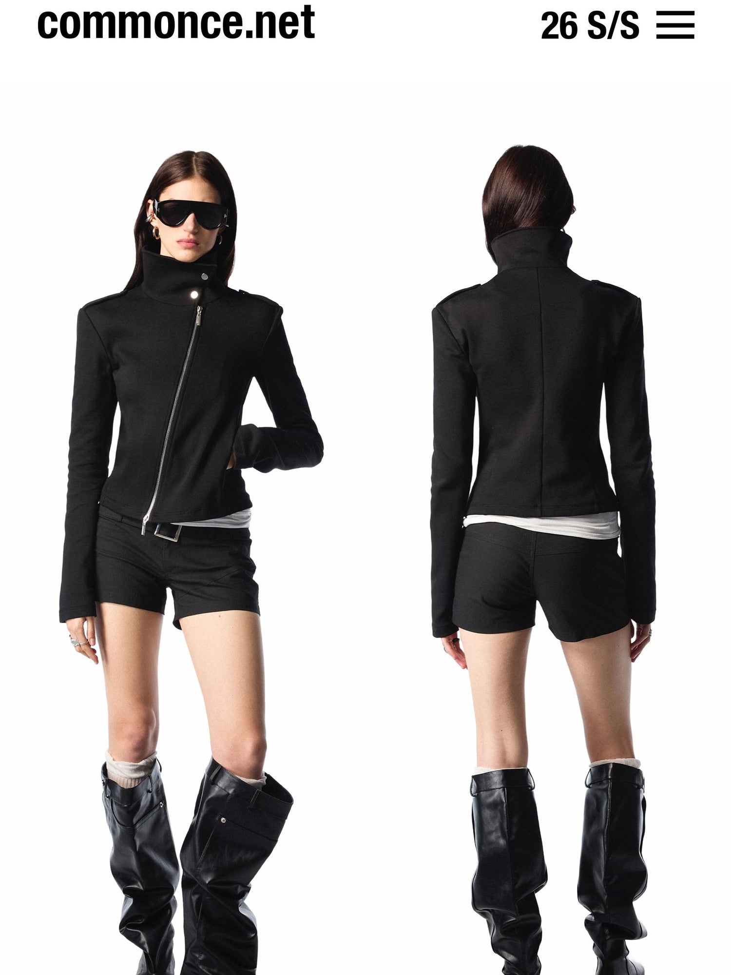 commonce net Black Asymmetric Zip Stand Collar Waist Cinch Women&