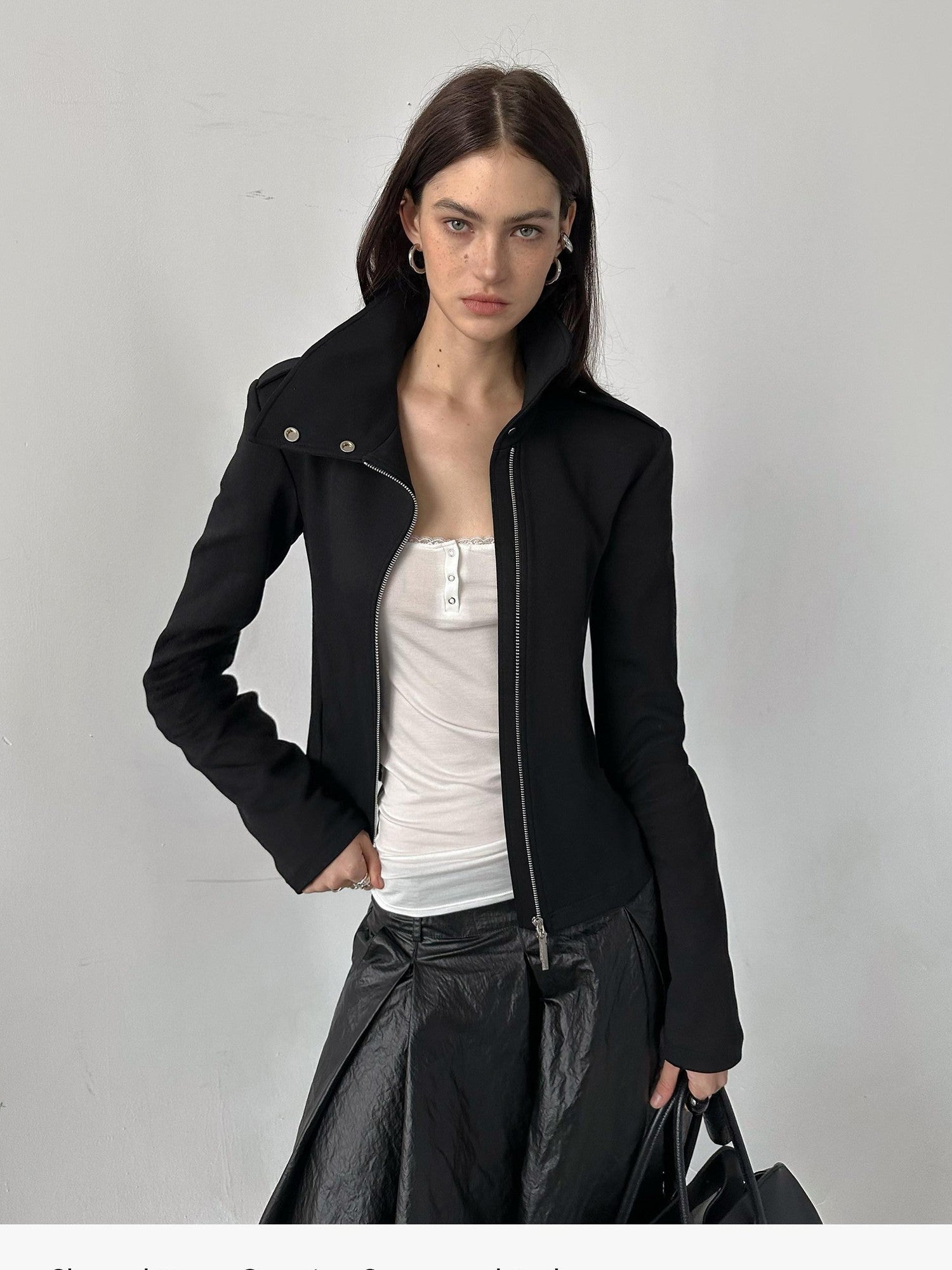 commonce net Black Asymmetric Zip Stand Collar Waist Cinch Women&
