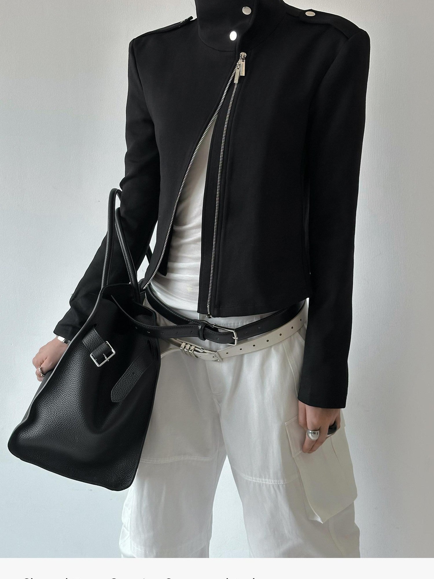 commonce net Black Asymmetric Zip Stand Collar Waist Cinch Women&