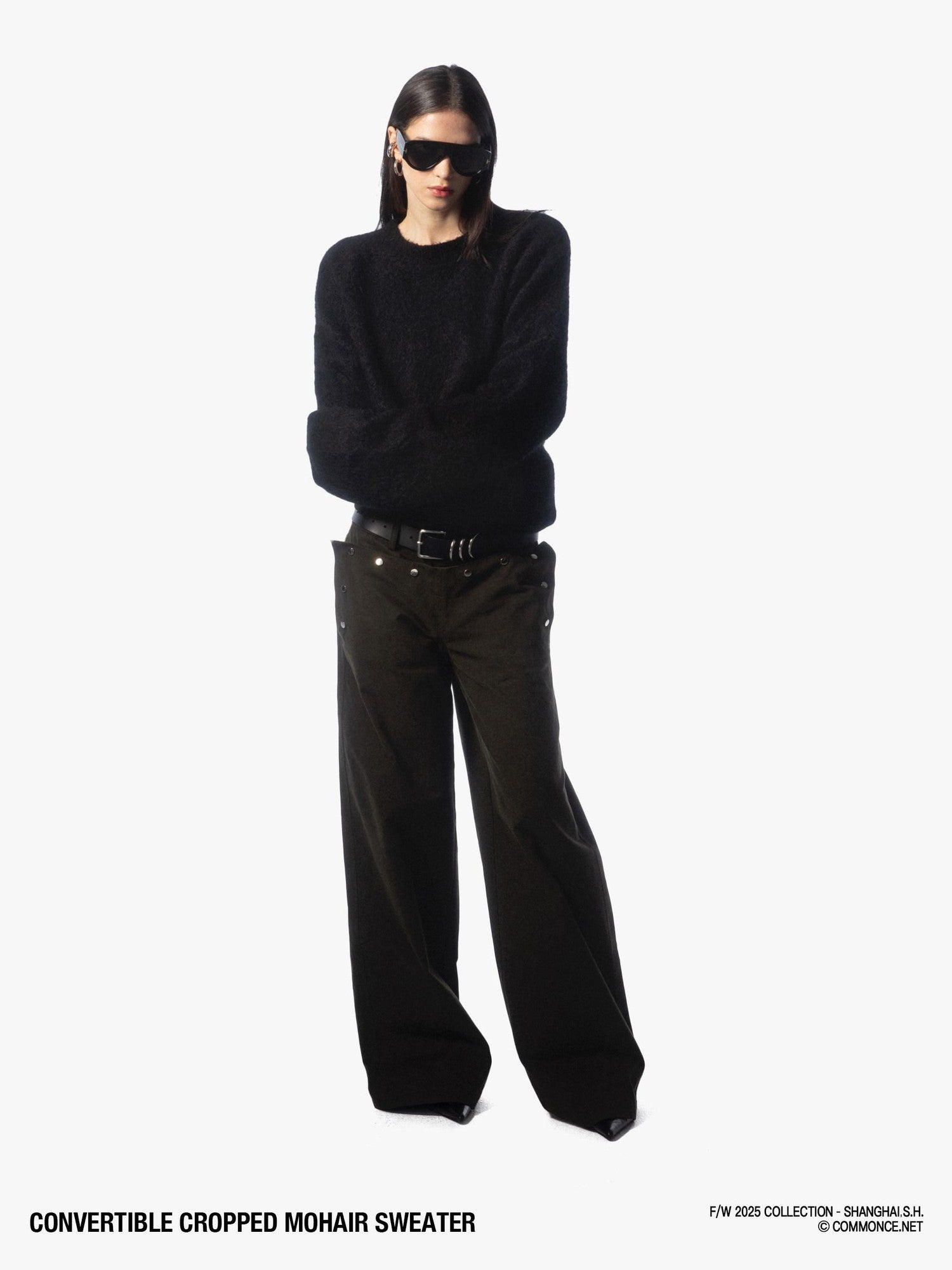 commonce net Black Convertible Cropped Slim Crewneck Pullover Women&