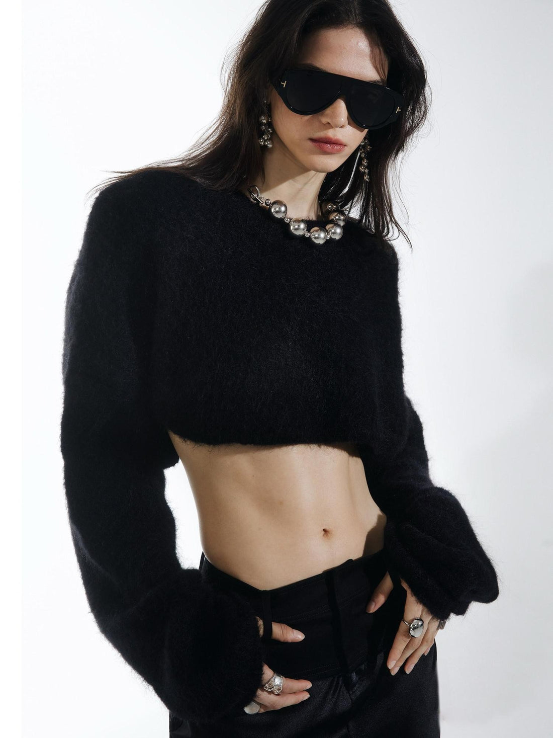 commonce net Black Convertible Cropped Slim Crewneck Pullover Women&