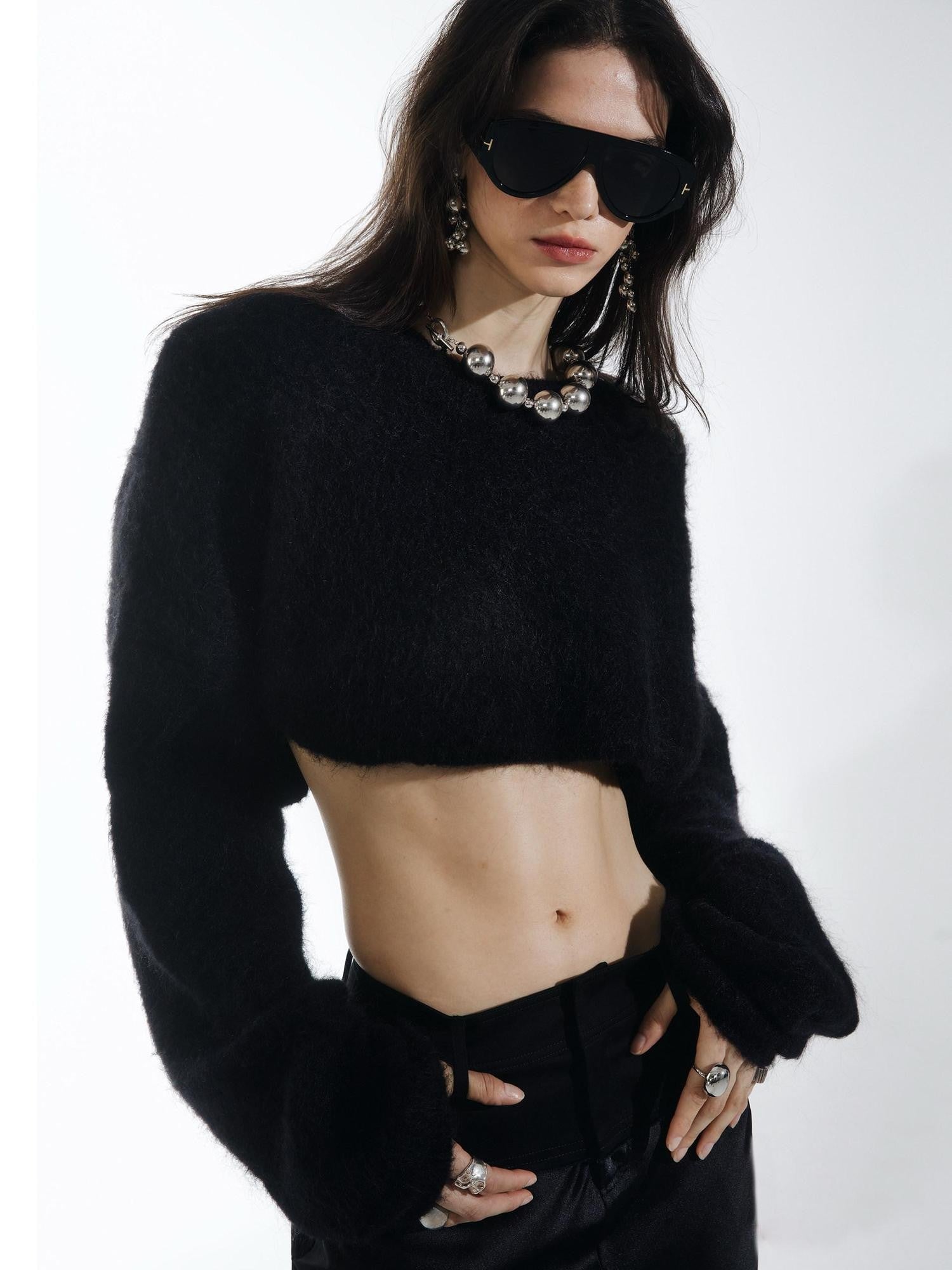 commonce net Black Convertible Cropped Slim Crewneck Pullover Women&