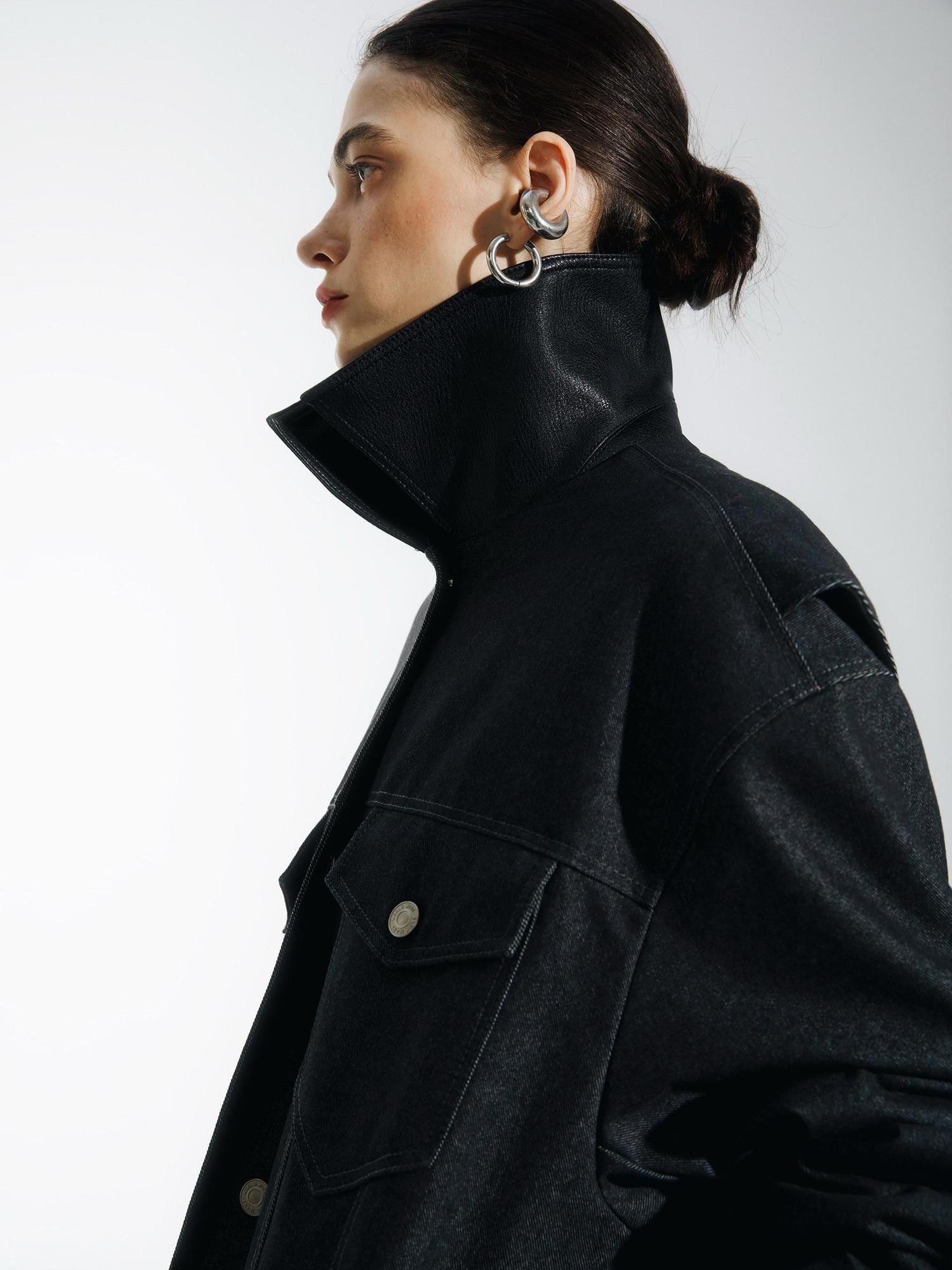 commonce net Black Denim Patchwork Leather Collar Women&