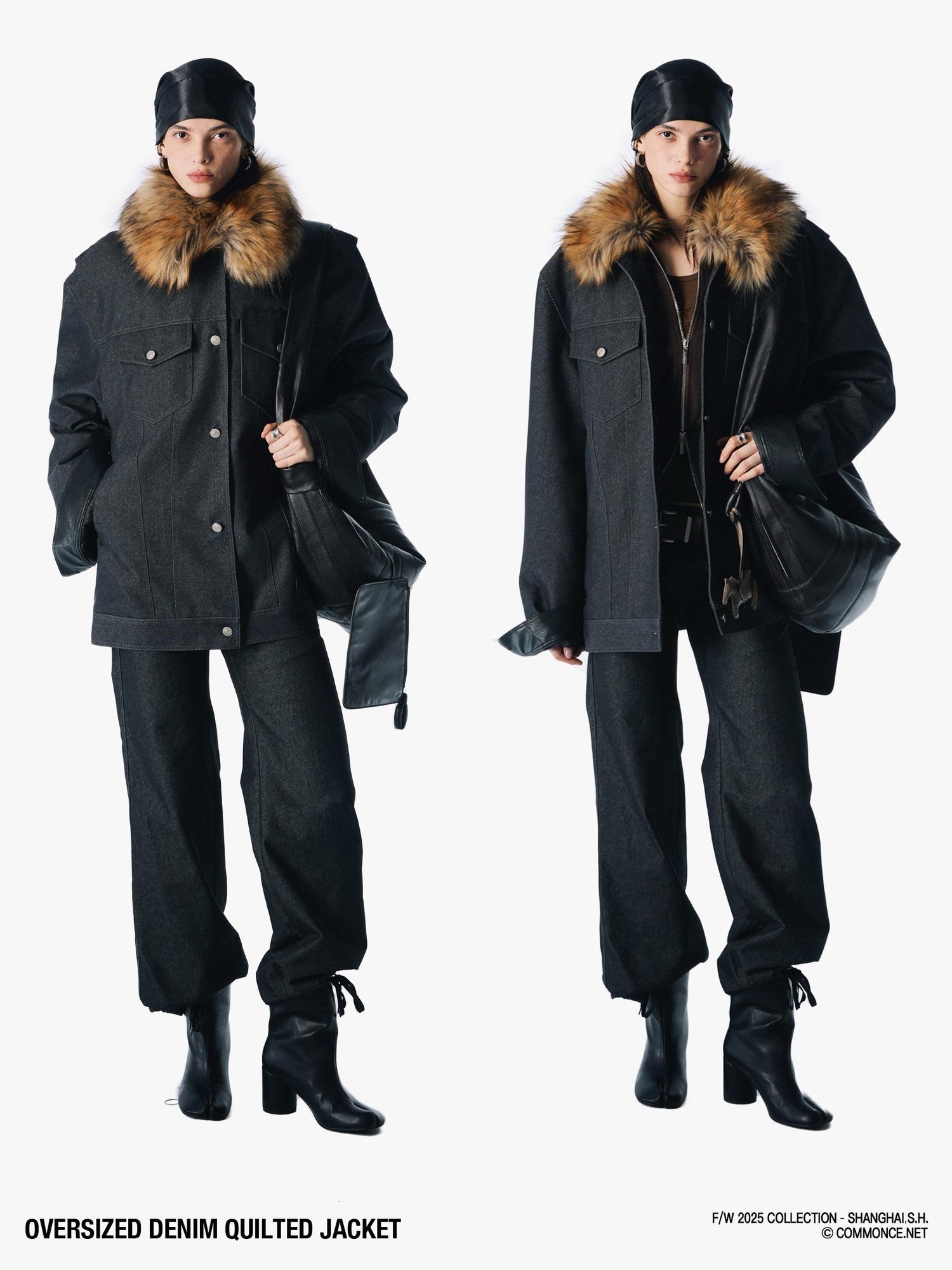 commonce net Black Denim Patchwork Leather Collar Women&