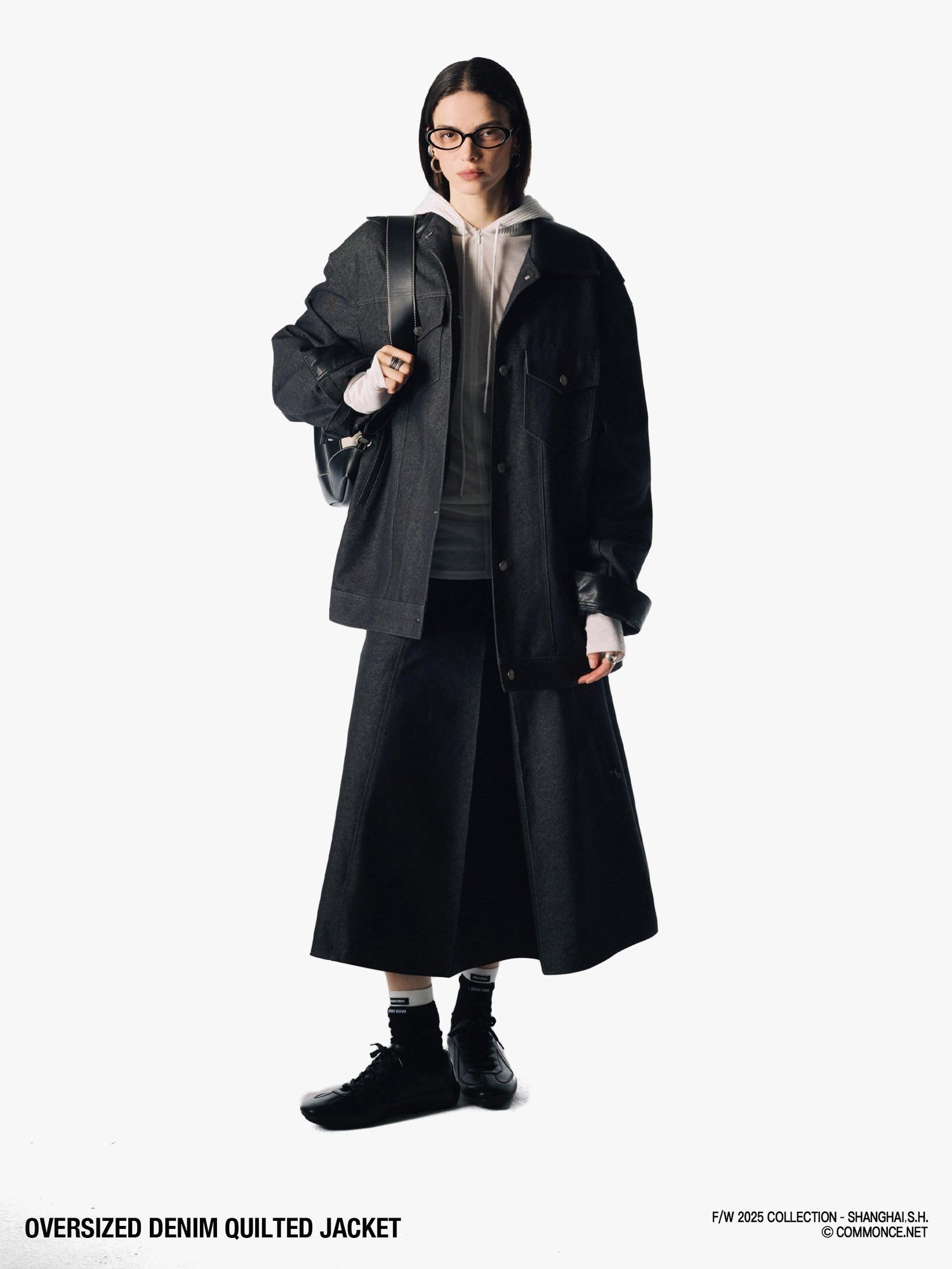 commonce net Black Denim Patchwork Leather Collar Women&