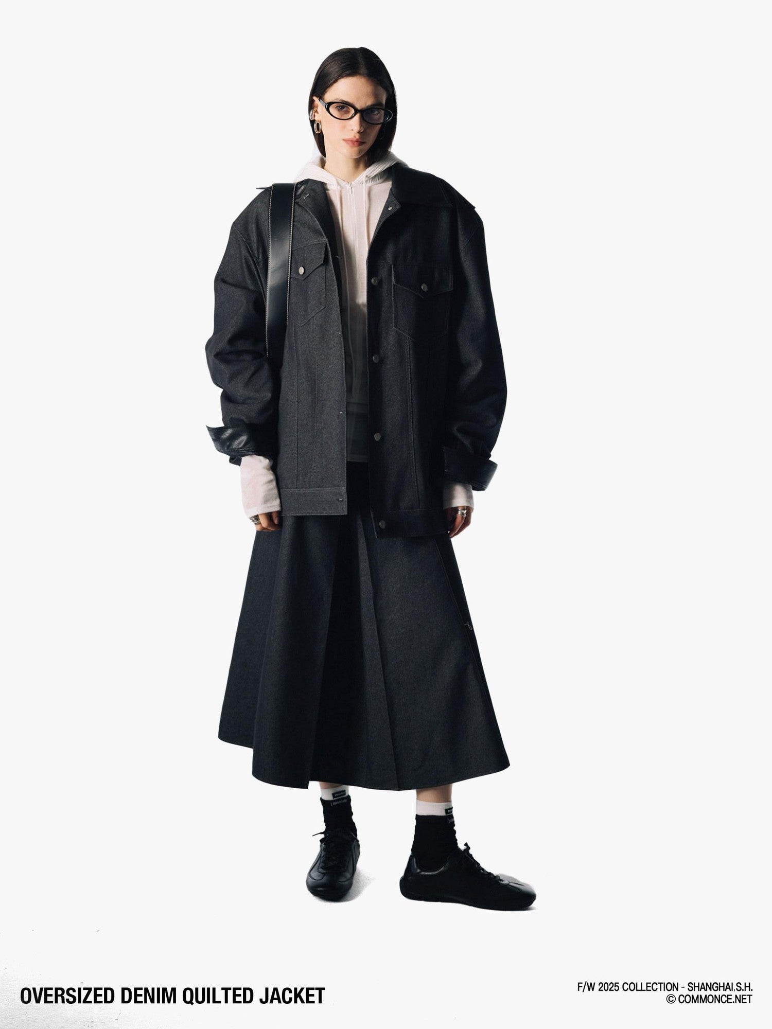 commonce net Black Denim Patchwork Leather Collar Women&