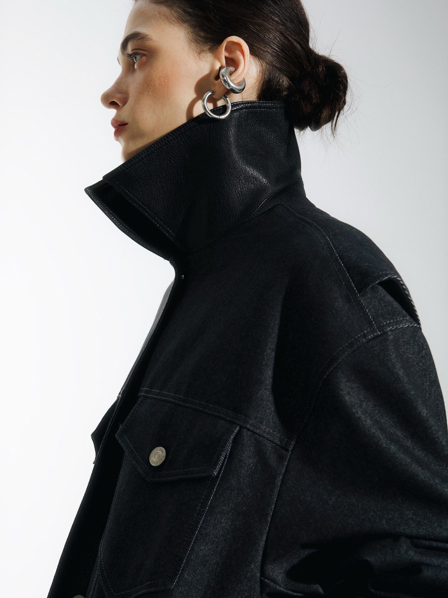 commonce net Black Denim Patchwork Leather Collar Women&