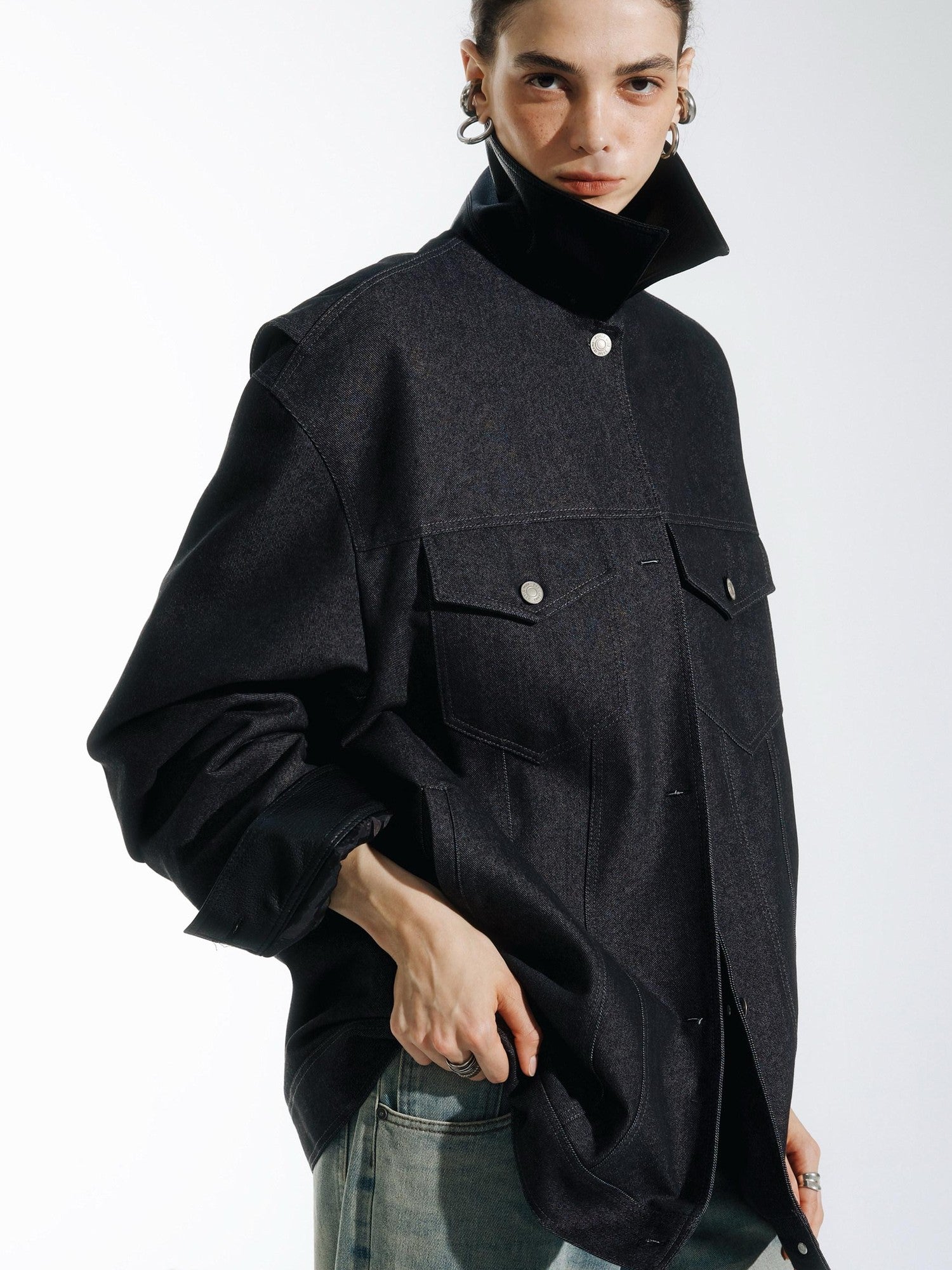 commonce net Black Denim Patchwork Leather Collar Women&