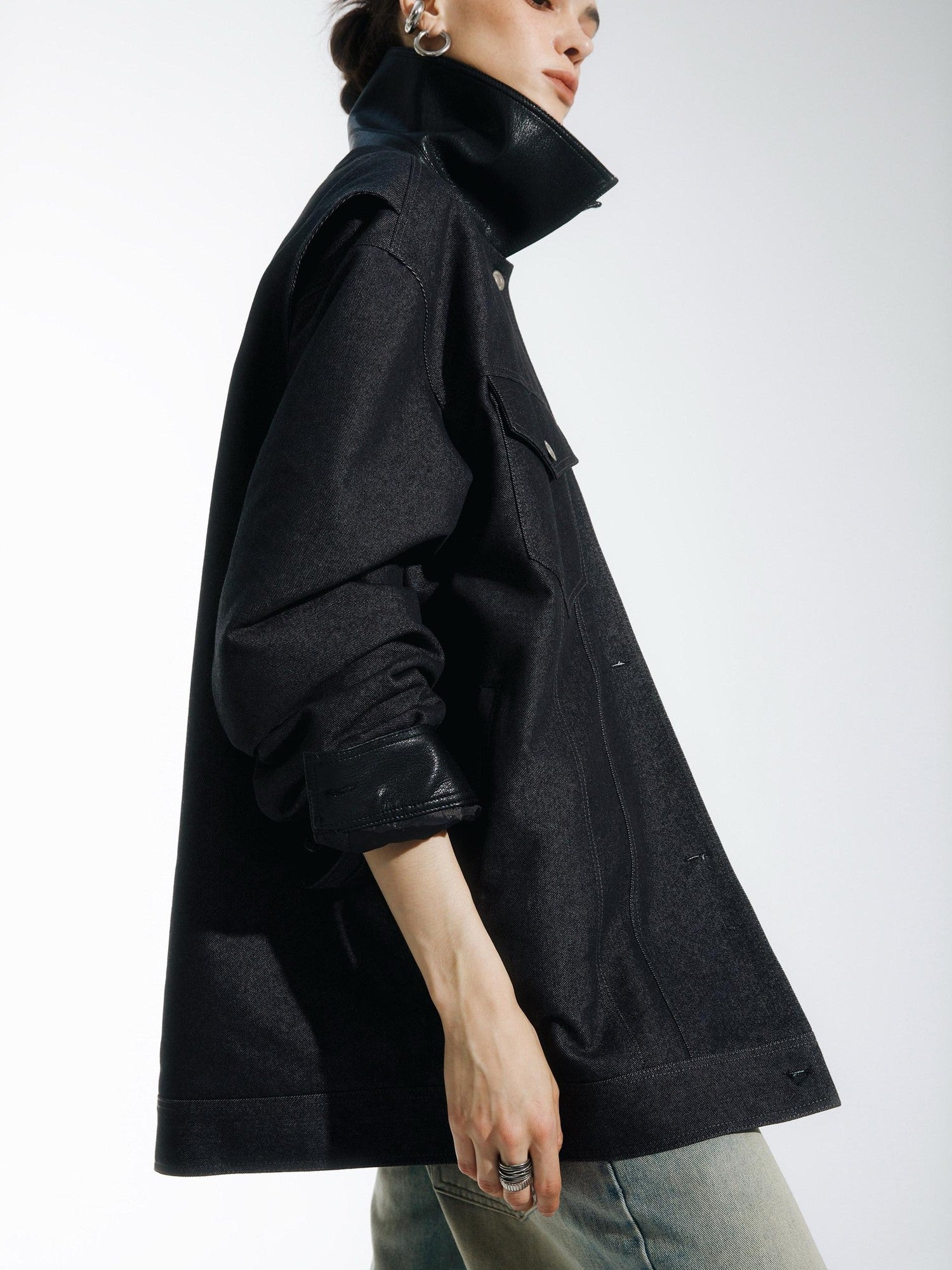 commonce net Black Denim Patchwork Leather Collar Women&