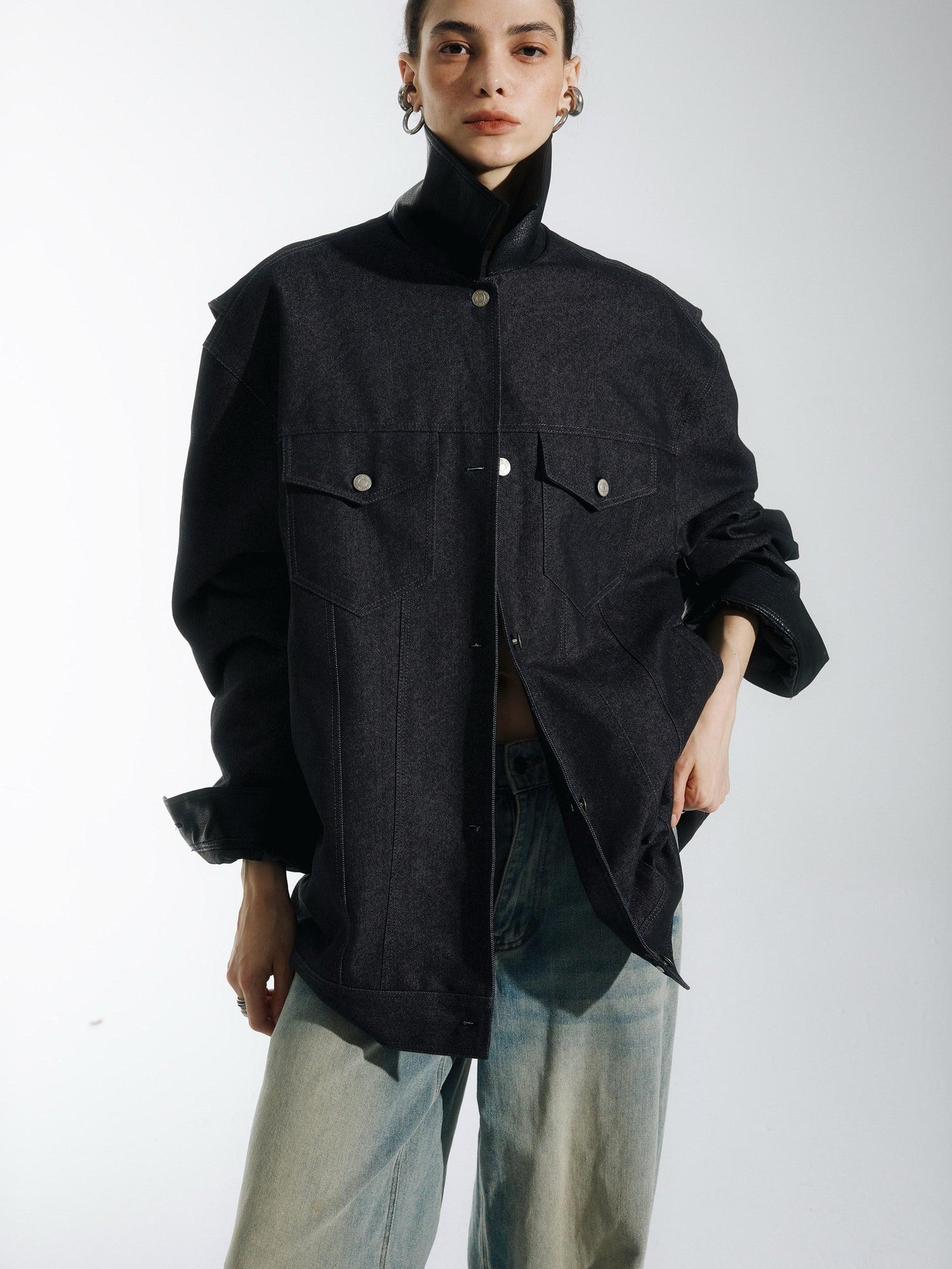 commonce net Black Denim Patchwork Leather Collar Women&