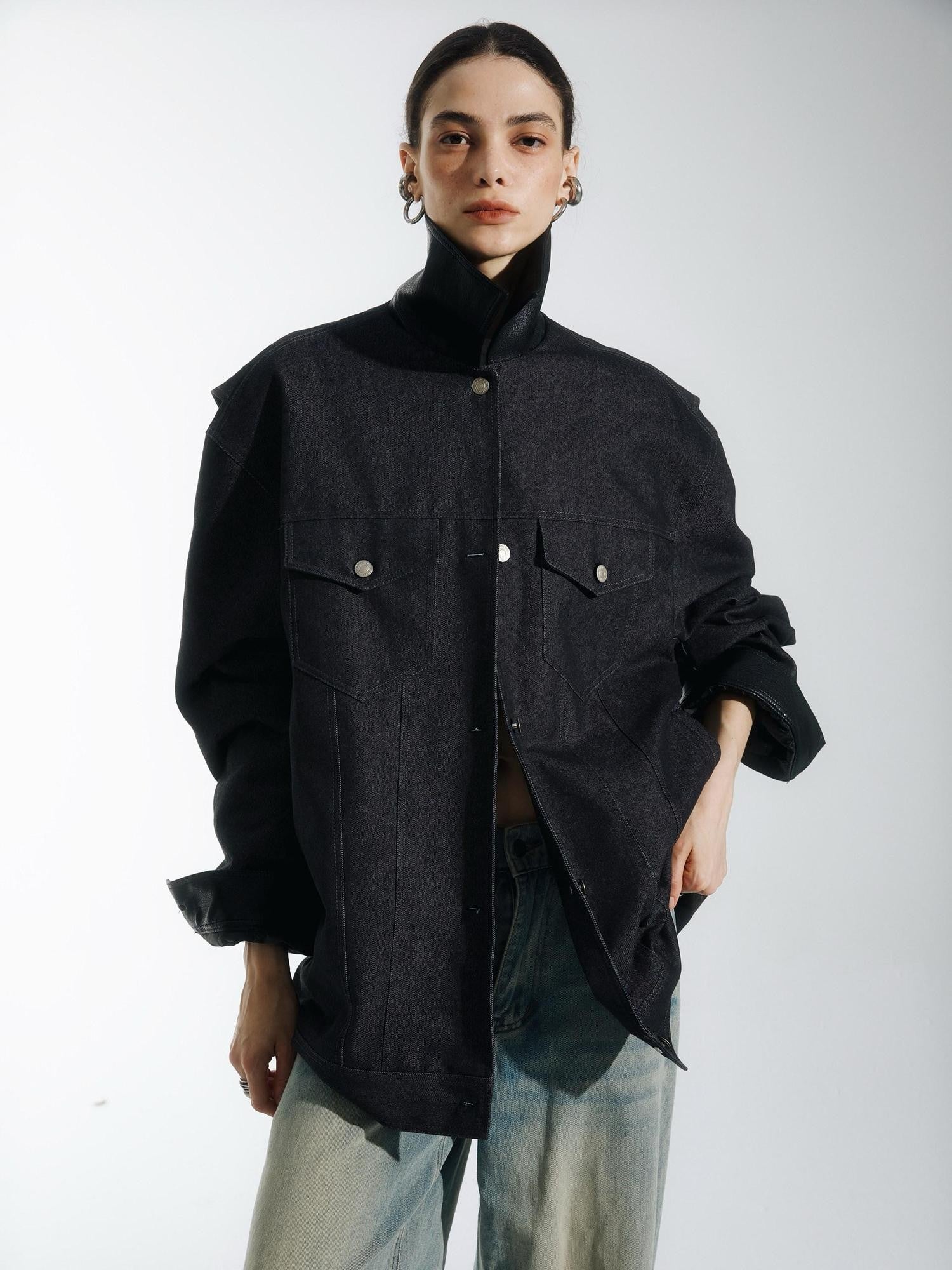 commonce net Black Denim Patchwork Leather Collar Women&