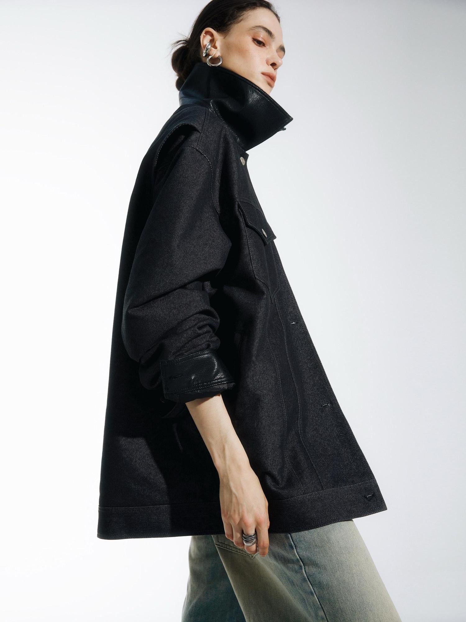 commonce net Black Denim Patchwork Leather Collar Women&
