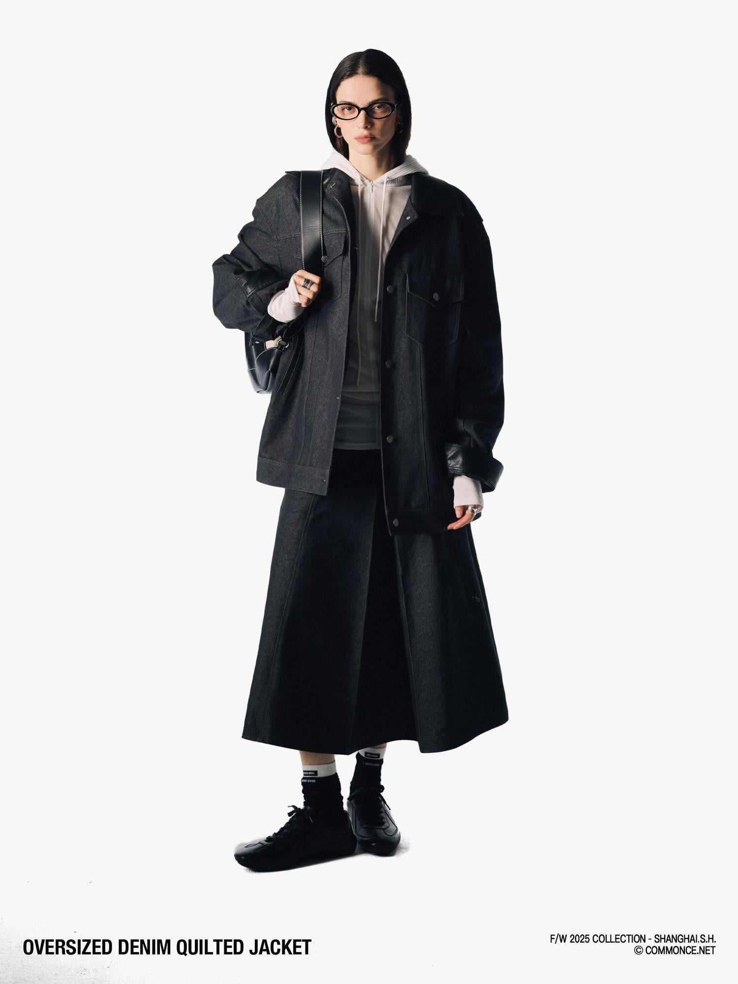 commonce net Black Denim Patchwork Leather Collar Women&