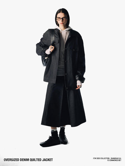 commonce net Black Denim Patchwork Leather Collar Women&