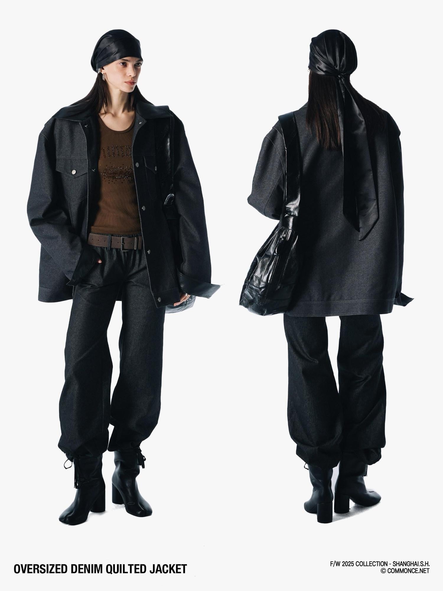 commonce net Black Denim Patchwork Leather Collar Women&