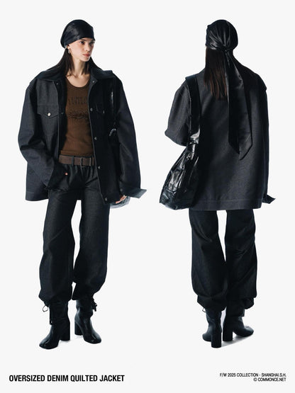 commonce net Black Denim Patchwork Leather Collar Women&