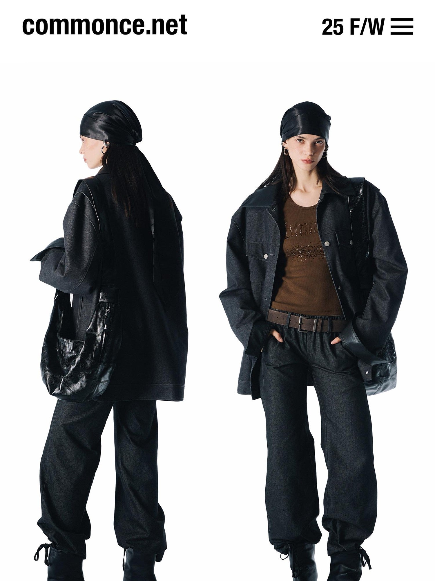 commonce net Black Denim Patchwork Leather Collar Women&
